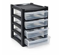 KYYZ - 4 Tier Shallow XL Plastic Storage Drawer Tower Unit - Utility Organizer Freestanding Black Clear Chest - Space Saving Portable Drawer for Bedroom, Kitchen, and Living Room