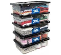 KYY'Z - 5 Pack 30L Clear Underbed Storage Box - Sl lack Lid, Stackable & Nestable - Dustproof Organizer for Clothes, Bedding, Shoes, Toys, Household Essentials - Multi-Purpose Transparent Box (5X)