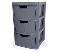 KYY'Z - Large Plastic Rattan Storage Drawers Unit with Deep Pull-Out Baskets - Durable Multipurpose Cabinet Organizer for Home Office, Bedroom, Bathroom, Garage, Utility Room (Rattan/Grey, 3 Tier)