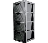 KYY'Z Plastic Storage Drawers Unit - Large Rattan Effect Drawer Tower with Deep Drawers - Multipurpose Cabinet for Home, Office, Garage, School - Durable Modular Storage Unit (Rattan Black, 4 Tier)