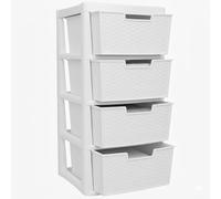 KYY'Z Plastic Storage Drawers Unit - Large Rattan Effect Drawer Tower with Deep Drawers - Multipurpose Cabinet for Home, Office, Garage, School - Durable Modular Storage Unit (4, Rattan White)