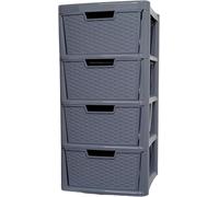 KYY'Z Plastic Storage Drawers Unit - Large Rattan Effect Drawer Tower with Deep Drawers - Multipurpose Cabinet for Home, Office, Garage, School - Durable Modular Storage Unit (Rattan Grey, 4 Tier)
