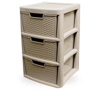 KYY'Z Plastic Storage Drawers Unit - Large Rattan Effect Drawer Tower with Deep Drawers - Multipurpose Cabinet for Home, Office, Garage, School - Durable Modular Storage Unit (Rattan/Mushroom, 3 Tier)