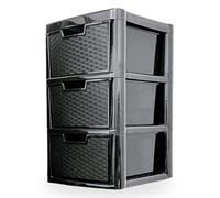 KYY'Z Plastic Storage Drawers Unit - Large Rattan Effect Drawer Tower with Deep Drawers - Multipurpose Cabinet for Home, Office, Garage, School - Durable Modular Storage Unit (Rattan Black, 3 Tier)