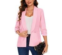 Kyzoeyou 3/4 Ruched Sleeve Open Front Pink Blazer for Women Casual Tailored Lapel Jacket Suit (Pink M)