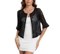 Kyzoeyou Lace Bolero Cardigans for Women Open Front Shrugs Cardigan Elegant Semi-Sheer 3/4 Ruffle Sleeve Top Dresses Cover Up(Black Large)
