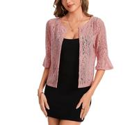 Kyzoeyou Lace Bolero Cardigans for Women Open Front Shrugs Cardigan Elegant Semi-Sheer 3/4 Ruffle Sleeve Top Dresses Cover Up(Pink XX-Large)