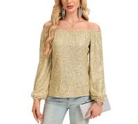 Kyzoeyou Off Shoulder Full Body Sequin Tops Womens Long Sleeve Top Shirt Elastic Cuff Fully Lined Sparkly Party Evening Blouse Glitter Casual Tunic (Champagne, M)