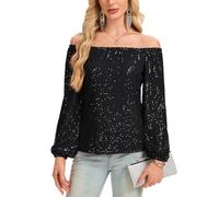 Kyzoeyou Off Shoulder Full Body Sequin Tops Womens Long Sleeve Top Shirt Elastic Cuff Fully Lined Sparkly Party Evening Blouse Glitter Casual Tunic (Black XXL)