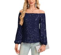 Kyzoeyou Off Shoulder Full Body Sequin Tops Womens Long Sleeve Top Shirt Elastic Cuff Fully Lined Sparkly Party Evening Blouse Glitter Casual Tunic (Navy M)