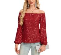 Kyzoeyou Off Shoulder Full Body Sequin Tops Womens Long Sleeve Top Shirt Elastic Cuff Fully Lined Sparkly Party Evening Blouse Glitter Casual Tunic (Red L)