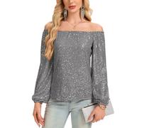 Kyzoeyou Off Shoulder Full Body Sequin Tops Womens Long Sleeve Top Shirt Elastic Cuff Fully Lined Sparkly Party Evening Blouse Glitter Casual Tunic (Grey, S)