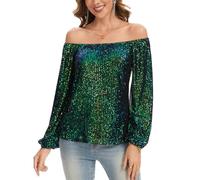Kyzoeyou Off Shoulder Full Body Sequin Tops Womens Long Sleeve Top Shirt Elastic Cuff Fully Lined Sparkly Party Evening Blouse Glitter Casual Tunic (Green, L)