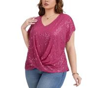 Kyzoeyou Plus Size Sparkly Top for Women Short Sleeve T-Shirt Elegant V-Neck Sequin Tops Twist Knot Casual Tunic Party Blouses Shirt(Hot Pink 3X-Large)