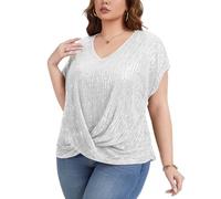 Kyzoeyou Plus Size Sparkly Top for Women Short Sleeve T-Shirt Elegant V-Neck Sequin Tops Twist Knot Casual Tunic Party Blouses Shirt(Silvery X-Large)