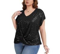 Kyzoeyou Plus Size Sparkly Top for Women Short Sleeve T-Shirt Elegant V-Neck Sequin Tops Twist Knot Casual Tunic Party Blouses Shirt(Black X-Large)