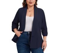 Kyzoeyou Plus Size Women Open Front Blazer No Lined Jackets Shawl Lapel 3/4 Ruched Sleeve Blazers & Suits Casual Jacket XL-5XL (Navy, 4XL)