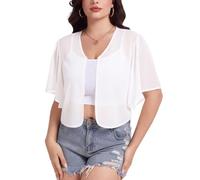 Kyzoeyou Plus Size Womens Sheer Mesh Bolero Shrug Cropped Length Open Front Cardigan Ruffle Short Sleeve Cover Up Shrugs XL-5XL (White, XL)