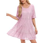 Kyzoeyou Sequin Glitter Dress Full Body Sparking Women UK Casual Party Midi Dresses Short Sleeve Flowy Tiered Tunic Night Out Wear (Pink L)