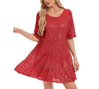 Kyzoeyou Sequin Glitter Dress Full Body Sparking Women UK Casual Party Midi Dresses Short Sleeve Flowy Tiered Tunic Night Out Wear (Red S)