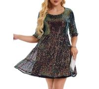 Kyzoeyou Sequin Glitter Dress Full Body Sparking Women UK Casual Party Midi Dresses Short Sleeve Flowy Tiered Tunic Night Out Wear (Black_Multi Color XXL)