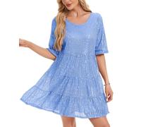 Kyzoeyou Sequin Glitter Dress Full Body Sparking Women UK Casual Party Midi Dresses Short Sleeve Flowy Tiered Tunic Night Out Wear (Light Blue M)