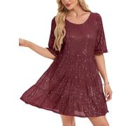 Kyzoeyou Sequin Glitter Dress Full Body Sparking Women UK Casual Party Midi Dresses Short Sleeve Flowy Tiered Tunic Night Out Wear (Wine Red XL)