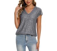 Kyzoeyou Sequin Tunic Tops for Women Cap Sleeve V Neck Shirt Sparkly Blouse Jumpers (Grey M)