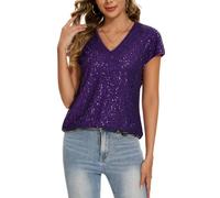 Kyzoeyou Sequin Tunic Tops for Women Cap Sleeve V Neck Shirt Sparkly Blouse Jumpers (Purple M)