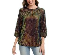 Kyzoeyou Sparkly Top Going Out Tops 3/4 Long Sleeve T Shirt for Women Keyhole Neck Blouse Fully Lined Tunic Party Night Blouses(Black Multicolour XXL)