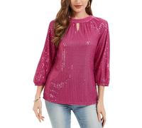 Kyzoeyou Sparkly Top Going Out Tops 3/4 Long Sleeve T Shirt for Women Keyhole Neck Blouse Fully Lined Tunic Party Night Blouses(Hot Pink X-Large)