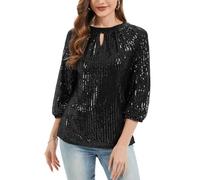 Kyzoeyou Sparkly Top Going Out Tops 3/4 Long Sleeve T Shirt for Women Keyhole Neck Blouse Fully Lined Tunic Party Night Blouses(Black XX-Large)