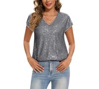 Kyzoeyou Sparkly Tops for Women UK Short Cap Sleeve T Shirt Sequin Blouse V Neck Tunic Top (Grey S)