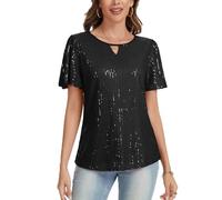 Kyzoeyou V Neck Keyhole Sparkly Tops Full-Body Sequins Shirt Ruffle Short Sleeve Blouse Fully Lined Pullover Glitter Top Tunic (Black, L)