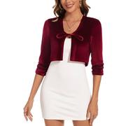 Kyzoeyou Women Bolero Shrugs Cropped Cardigans Ruched 3/4 Sleeve Velvet Shrug Casual Tie Front Top for Party Daily Wearing Dresses(Wine Red M)