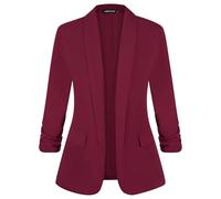 Kyzoeyou Women's Blazer Suit Open Front Jacket Ruched 3/4 Sleeve Work Office Blazers Shawl Collar Lined Casual Coats with Pockets(Wine Red Large)