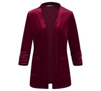 Kyzoeyou Womens Cardigans Ruched 3/4 Sleeve Velvet Cardigan Open Front Jacket Business Casual Work Office Suit with Pocket(Cobalt Green S)