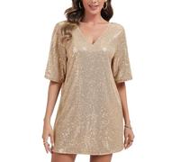 Kyzoeyou Women's Glitter Sequin Dress Sparkle Crew Neck V-Neck Half Sleeve Loose Backless Mini T-Shirt Dresses for Party Club Cocktail(Champagne Large)
