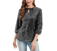 Kyzoeyou Women's Sequin Top 3/4 Sleeve Keyhole Neck Blouse Tunic Party Night Out Top(Black Silvery L)