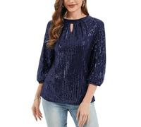 Kyzoeyou Women's Sequin Top 3/4 Sleeve Keyhole Neck Blouse Tunic Party Night Out Top(Navy Small)