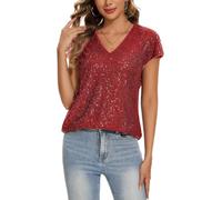 Kyzoeyou Women's Sequin Tops for Party Evening Glitter Sparkly Short Sleeve Blouse V Neck Tops (Wine red L)