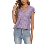 Kyzoeyou Women's Sequin Tops Short Sleeve Glitter Sparkly Party Blouse V-Neck Going Out Shirt (Light Purple XXL)