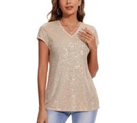 Kyzoeyou Women's Sequin Tops Short Sleeve Glitter Sparkly Party Blouse V-Neck Going Out Shirt (Light Yellow XXL)