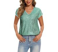 Kyzoeyou Women's Sequin Tops Short Sleeve Glitter Sparkly Party Blouse V-Neck Going Out Shirt (Mint Green XXL)