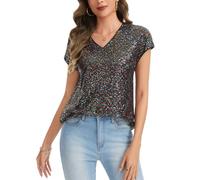 Kyzoeyou Women's Sequin Tops Short Sleeve Glitter Sparkly Party Blouse V-Neck Going Out Shirt (Multicolour XXL)