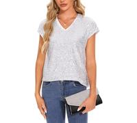 Kyzoeyou Women's Sequin Tops Short Sleeve Glitter Sparkly Party Blouse V-Neck Going Out Shirt (Silvery XXL)