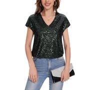 Kyzoeyou Women's Sparkle Sequin Tops Short Sleeve V-Neck Glitter Sequined Dressy Blouse (Dark Green XL)