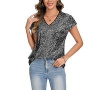 Kyzoeyou Womens V Neck Tops Cap Short Sleeve T-Shirt Glitter Sparkly Tunic Blouse Club Night (Black(Silver Glitter) M)