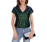 Kyzoeyou Womens V Neck Tops Cap Short Sleeve T-Shirt Glitter Sparkly Tunic Blouse Club Night (Green M)