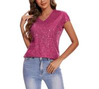 Kyzoeyou Womens V Neck Tops Cap Short Sleeve T-Shirt Glitter Sparkly Tunic Blouse Club Night (Hot Pink M)